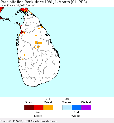 Sri Lanka Precipitation Rank since 1981, 1-Month (CHIRPS) Thematic Map For 3/11/2024 - 4/10/2024