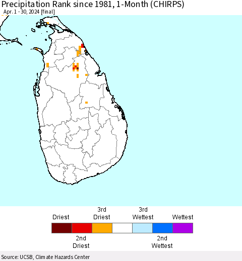 Sri Lanka Precipitation Rank since 1981, 1-Month (CHIRPS) Thematic Map For 4/1/2024 - 4/30/2024
