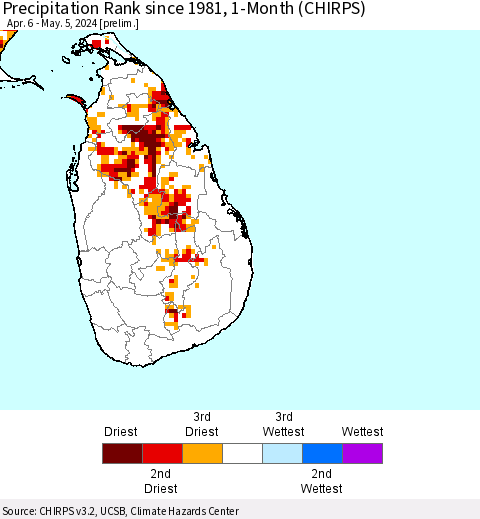 Sri Lanka Precipitation Rank since 1981, 1-Month (CHIRPS) Thematic Map For 4/6/2024 - 5/5/2024