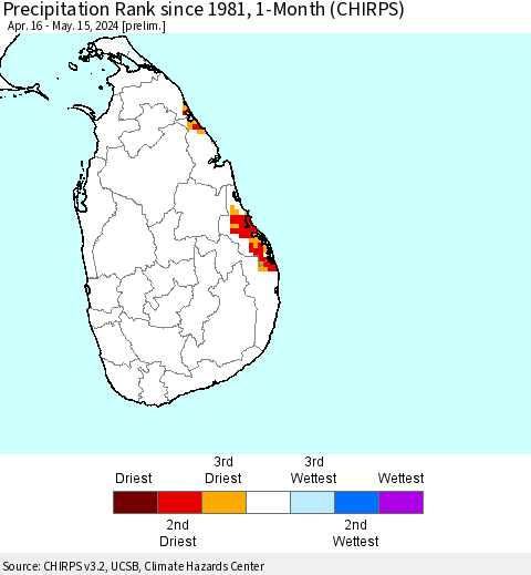 Sri Lanka Precipitation Rank since 1981, 1-Month (CHIRPS) Thematic Map For 4/16/2024 - 5/15/2024