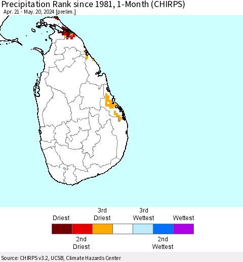 Sri Lanka Precipitation Rank since 1981, 1-Month (CHIRPS) Thematic Map For 4/21/2024 - 5/20/2024