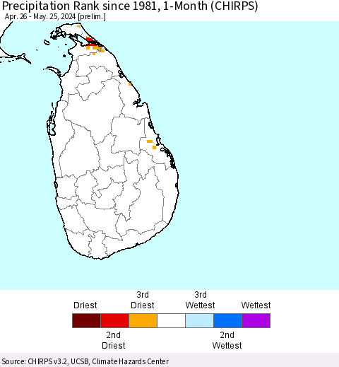 Sri Lanka Precipitation Rank since 1981, 1-Month (CHIRPS) Thematic Map For 4/26/2024 - 5/25/2024