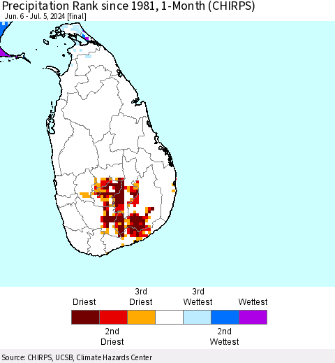 Sri Lanka Precipitation Rank since 1981, 1-Month (CHIRPS) Thematic Map For 6/6/2024 - 7/5/2024