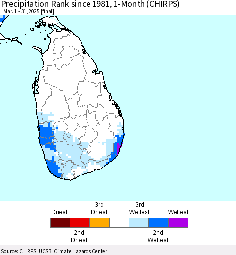 Sri Lanka Precipitation Rank since 1981, 1-Month (CHIRPS) Thematic Map For 3/1/2025 - 3/31/2025
