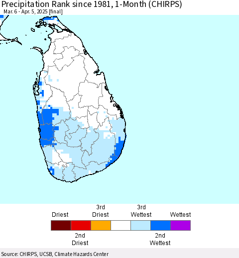 Sri Lanka Precipitation Rank since 1981, 1-Month (CHIRPS) Thematic Map For 3/6/2025 - 4/5/2025