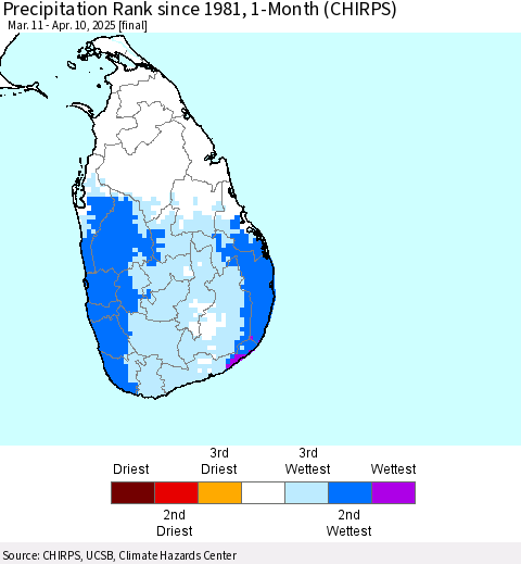 Sri Lanka Precipitation Rank since 1981, 1-Month (CHIRPS) Thematic Map For 3/11/2025 - 4/10/2025