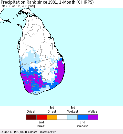 Sri Lanka Precipitation Rank since 1981, 1-Month (CHIRPS) Thematic Map For 3/16/2025 - 4/15/2025