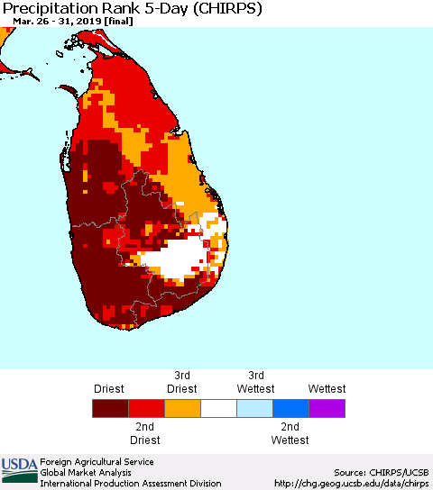 Sri Lanka Precipitation Rank since 1981, 5-Day (CHIRPS) Thematic Map For 3/26/2019 - 3/31/2019