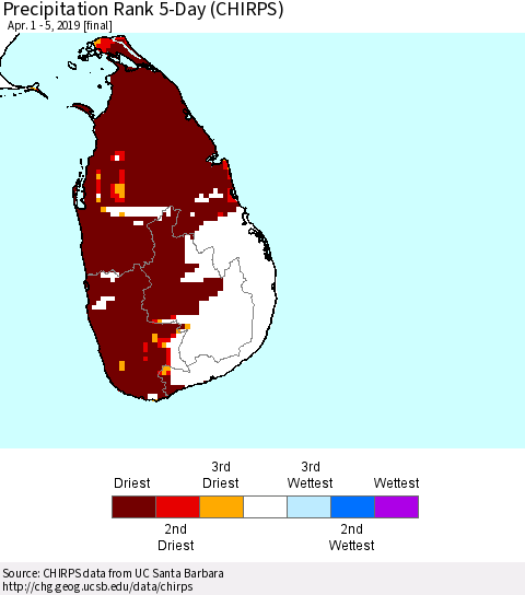 Sri Lanka Precipitation Rank since 1981, 5-Day (CHIRPS) Thematic Map For 4/1/2019 - 4/5/2019