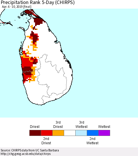Sri Lanka Precipitation Rank since 1981, 5-Day (CHIRPS) Thematic Map For 4/6/2019 - 4/10/2019