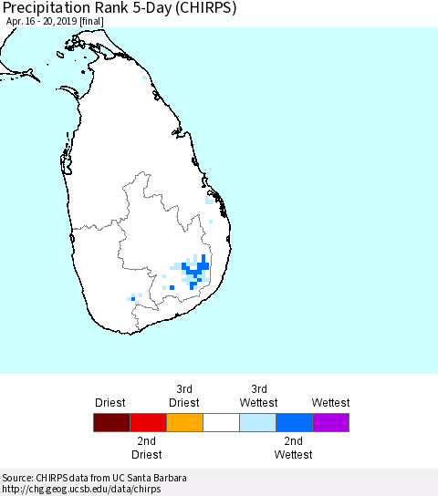 Sri Lanka Precipitation Rank since 1981, 5-Day (CHIRPS) Thematic Map For 4/16/2019 - 4/20/2019