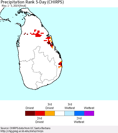 Sri Lanka Precipitation Rank 5-Day (CHIRPS) Thematic Map For 5/1/2019 - 5/5/2019