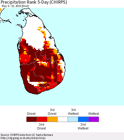 Sri Lanka Precipitation Rank 5-Day (CHIRPS) Thematic Map For 5/6/2019 - 5/10/2019