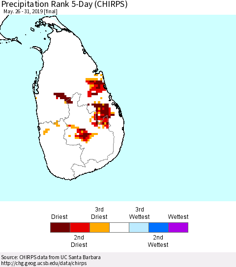 Sri Lanka Precipitation Rank since 1981, 5-Day (CHIRPS) Thematic Map For 5/26/2019 - 5/31/2019