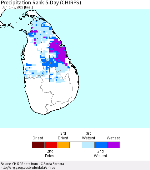 Sri Lanka Precipitation Rank 5-Day (CHIRPS) Thematic Map For 6/1/2019 - 6/5/2019