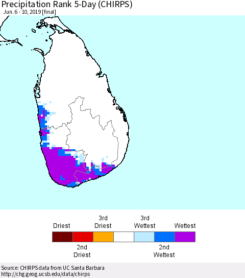 Sri Lanka Precipitation Rank 5-Day (CHIRPS) Thematic Map For 6/6/2019 - 6/10/2019