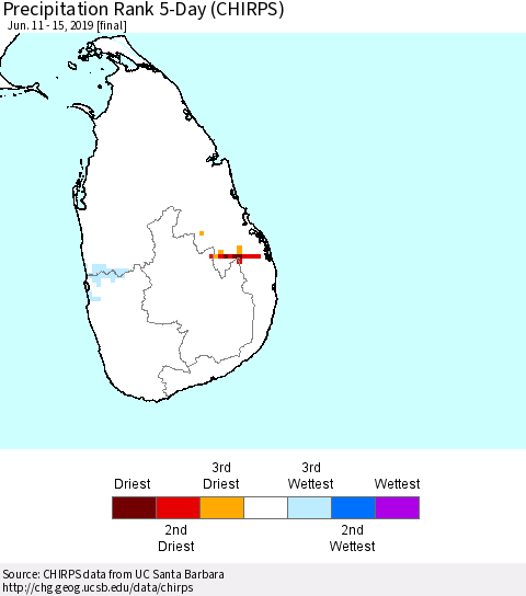 Sri Lanka Precipitation Rank 5-Day (CHIRPS) Thematic Map For 6/11/2019 - 6/15/2019