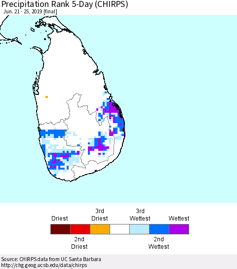 Sri Lanka Precipitation Rank 5-Day (CHIRPS) Thematic Map For 6/21/2019 - 6/25/2019