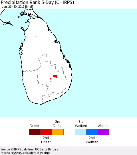 Sri Lanka Precipitation Rank since 1981, 5-Day (CHIRPS) Thematic Map For 6/26/2019 - 6/30/2019