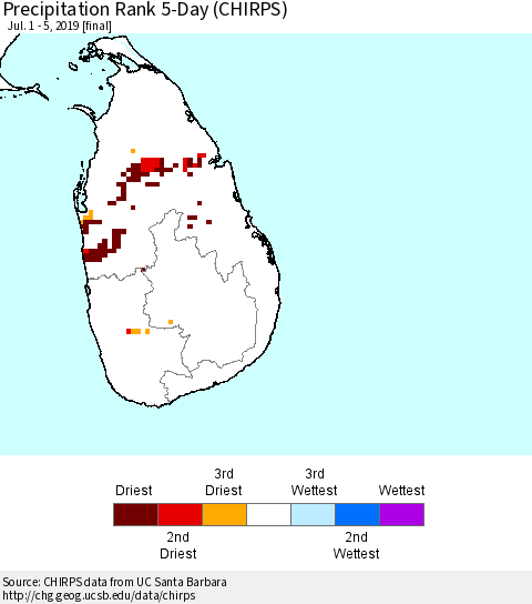 Sri Lanka Precipitation Rank since 1981, 5-Day (CHIRPS) Thematic Map For 7/1/2019 - 7/5/2019