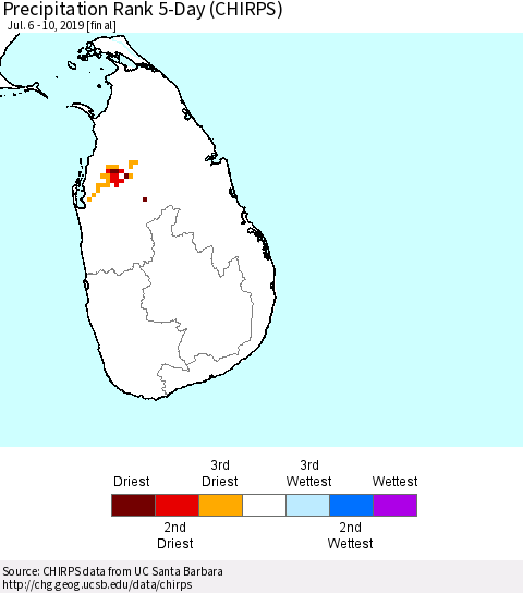Sri Lanka Precipitation Rank 5-Day (CHIRPS) Thematic Map For 7/6/2019 - 7/10/2019