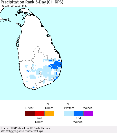 Sri Lanka Precipitation Rank since 1981, 5-Day (CHIRPS) Thematic Map For 7/16/2019 - 7/20/2019