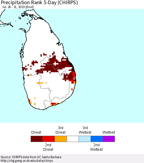 Sri Lanka Precipitation Rank since 1981, 5-Day (CHIRPS) Thematic Map For 7/26/2019 - 7/31/2019