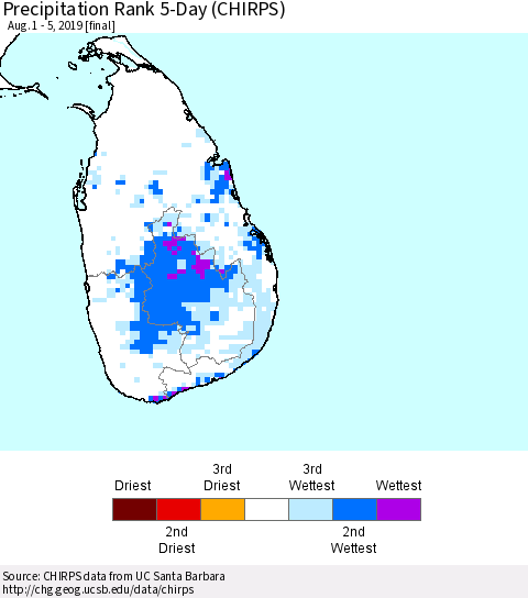 Sri Lanka Precipitation Rank 5-Day (CHIRPS) Thematic Map For 8/1/2019 - 8/5/2019
