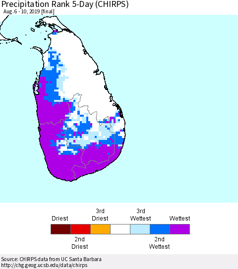 Sri Lanka Precipitation Rank since 1981, 5-Day (CHIRPS) Thematic Map For 8/6/2019 - 8/10/2019