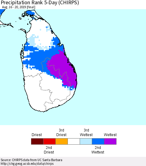 Sri Lanka Precipitation Rank 5-Day (CHIRPS) Thematic Map For 8/16/2019 - 8/20/2019