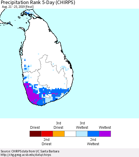 Sri Lanka Precipitation Rank since 1981, 5-Day (CHIRPS) Thematic Map For 8/21/2019 - 8/25/2019