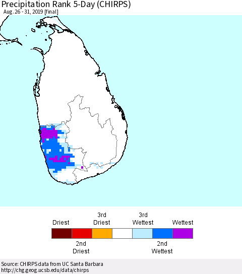 Sri Lanka Precipitation Rank since 1981, 5-Day (CHIRPS) Thematic Map For 8/26/2019 - 8/31/2019