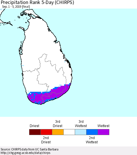 Sri Lanka Precipitation Rank since 1981, 5-Day (CHIRPS) Thematic Map For 9/1/2019 - 9/5/2019