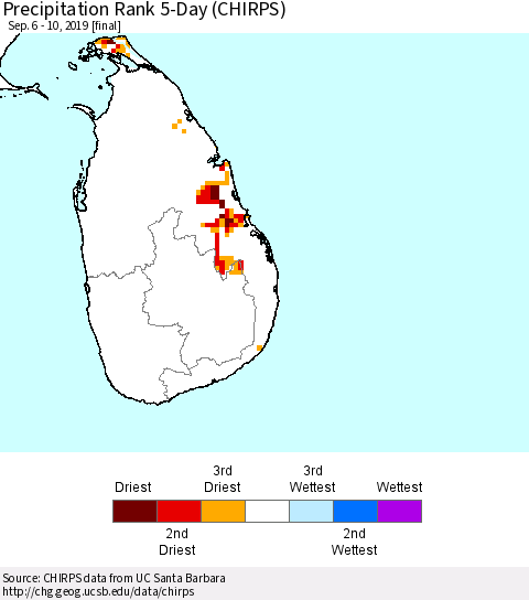 Sri Lanka Precipitation Rank since 1981, 5-Day (CHIRPS) Thematic Map For 9/6/2019 - 9/10/2019