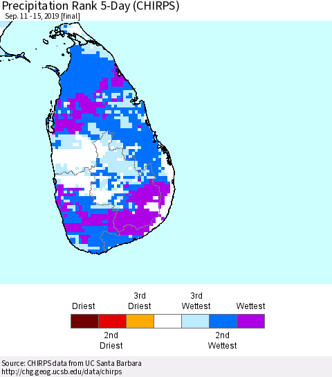 Sri Lanka Precipitation Rank 5-Day (CHIRPS) Thematic Map For 9/11/2019 - 9/15/2019