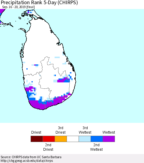 Sri Lanka Precipitation Rank 5-Day (CHIRPS) Thematic Map For 9/16/2019 - 9/20/2019