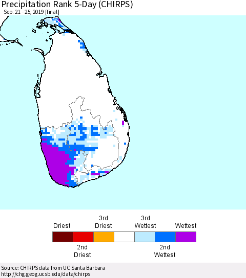 Sri Lanka Precipitation Rank since 1981, 5-Day (CHIRPS) Thematic Map For 9/21/2019 - 9/25/2019