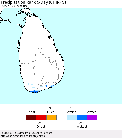Sri Lanka Precipitation Rank since 1981, 5-Day (CHIRPS) Thematic Map For 9/26/2019 - 9/30/2019