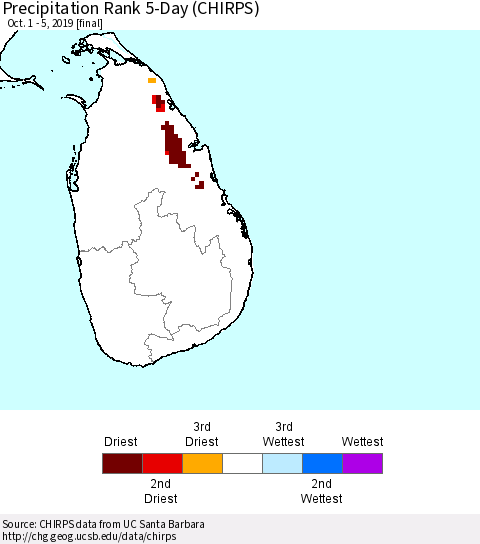 Sri Lanka Precipitation Rank since 1981, 5-Day (CHIRPS) Thematic Map For 10/1/2019 - 10/5/2019