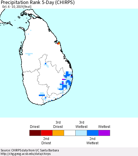 Sri Lanka Precipitation Rank since 1981, 5-Day (CHIRPS) Thematic Map For 10/6/2019 - 10/10/2019
