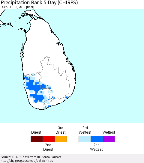 Sri Lanka Precipitation Rank since 1981, 5-Day (CHIRPS) Thematic Map For 10/11/2019 - 10/15/2019