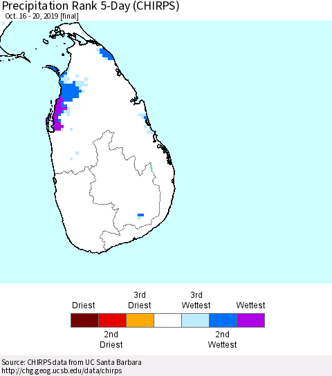 Sri Lanka Precipitation Rank since 1981, 5-Day (CHIRPS) Thematic Map For 10/16/2019 - 10/20/2019