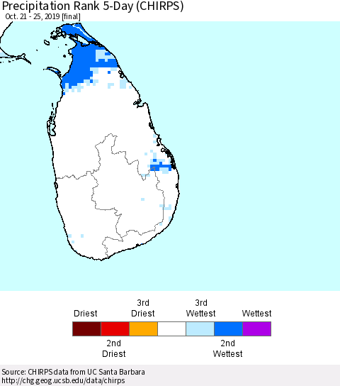 Sri Lanka Precipitation Rank since 1981, 5-Day (CHIRPS) Thematic Map For 10/21/2019 - 10/25/2019