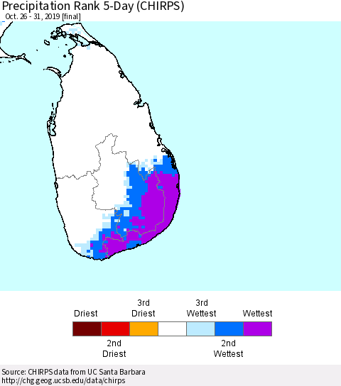 Sri Lanka Precipitation Rank 5-Day (CHIRPS) Thematic Map For 10/26/2019 - 10/31/2019