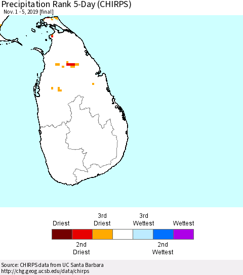 Sri Lanka Precipitation Rank 5-Day (CHIRPS) Thematic Map For 11/1/2019 - 11/5/2019