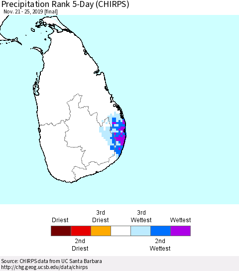 Sri Lanka Precipitation Rank since 1981, 5-Day (CHIRPS) Thematic Map For 11/21/2019 - 11/25/2019