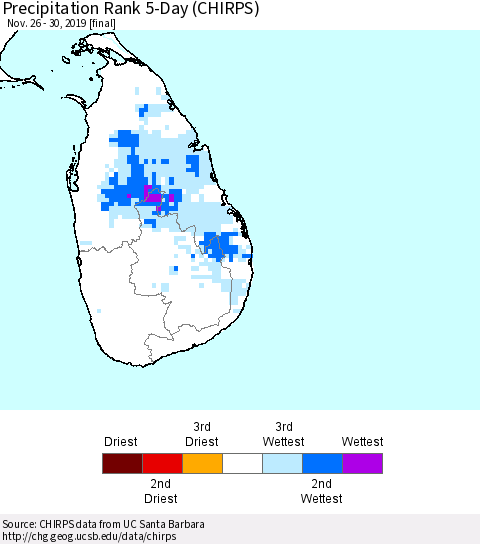 Sri Lanka Precipitation Rank since 1981, 5-Day (CHIRPS) Thematic Map For 11/26/2019 - 11/30/2019