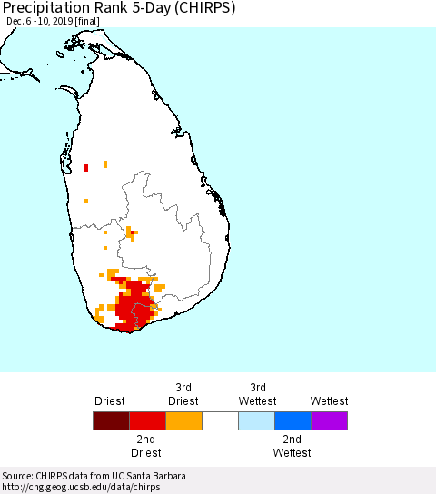 Sri Lanka Precipitation Rank since 1981, 5-Day (CHIRPS) Thematic Map For 12/6/2019 - 12/10/2019
