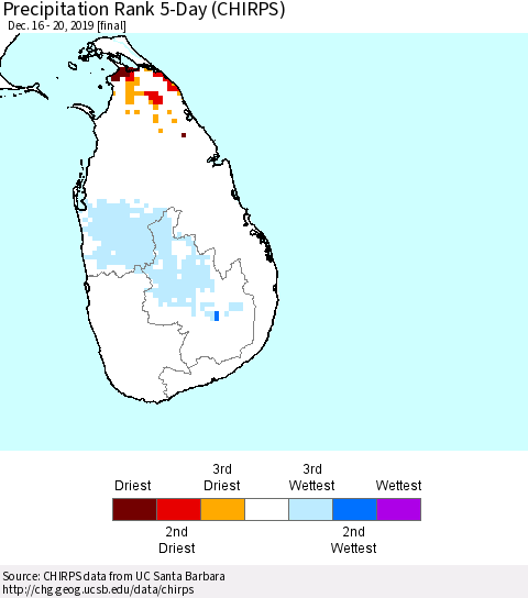 Sri Lanka Precipitation Rank since 1981, 5-Day (CHIRPS) Thematic Map For 12/16/2019 - 12/20/2019