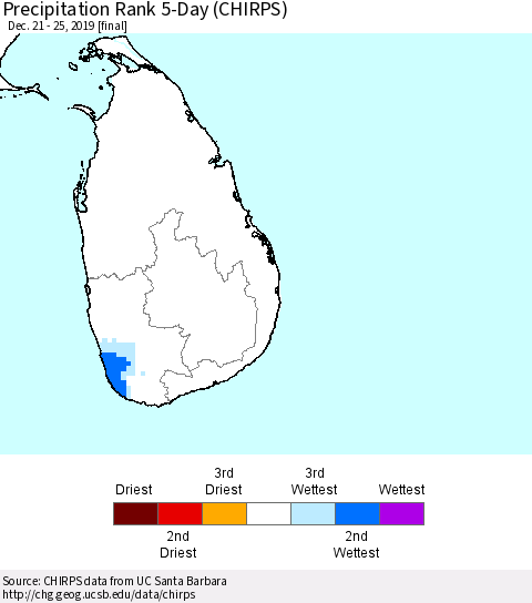 Sri Lanka Precipitation Rank since 1981, 5-Day (CHIRPS) Thematic Map For 12/21/2019 - 12/25/2019